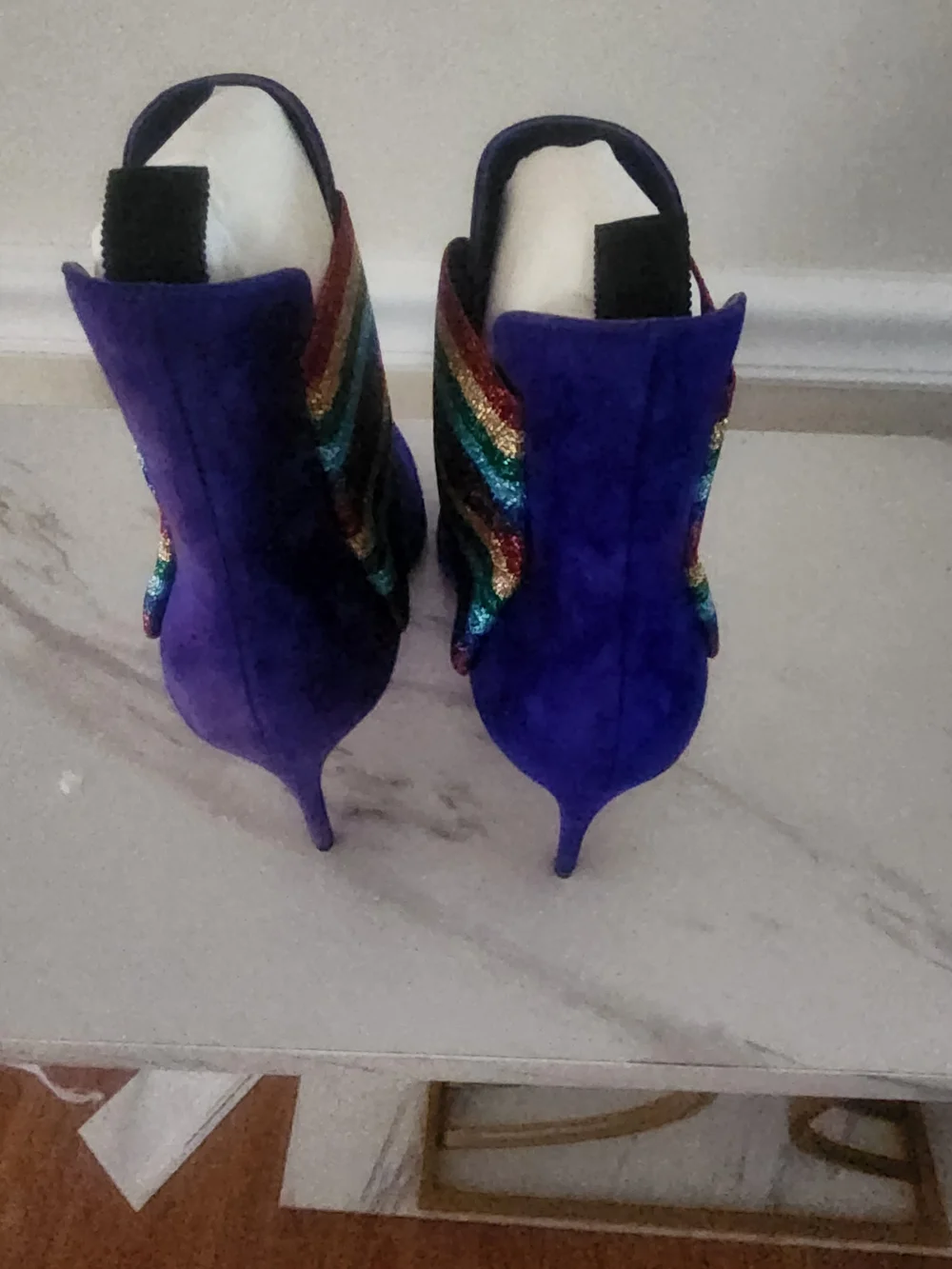 Christian Louboutin Women's Electric Blue Suede Pointed Booties  Rainbow Accent